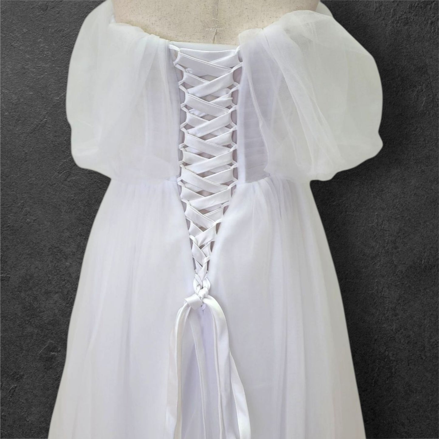 Tulle A Line Wedding Dress with Pearl Design on Bust and Full Corset Back