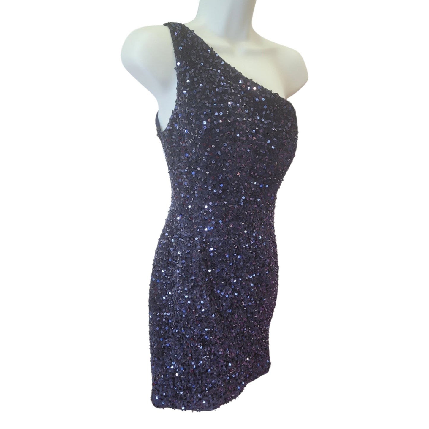 Women's Short One Shoulder Strappy Sequin Dress in Navy Blue