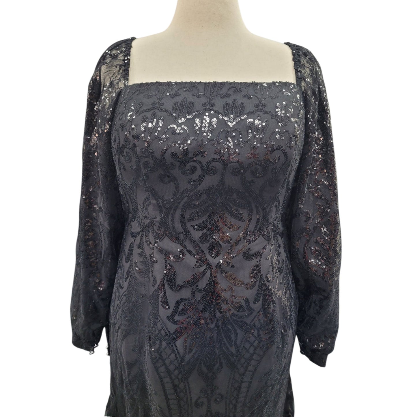 Long Sleeved Patterned Sequin Gown in Black