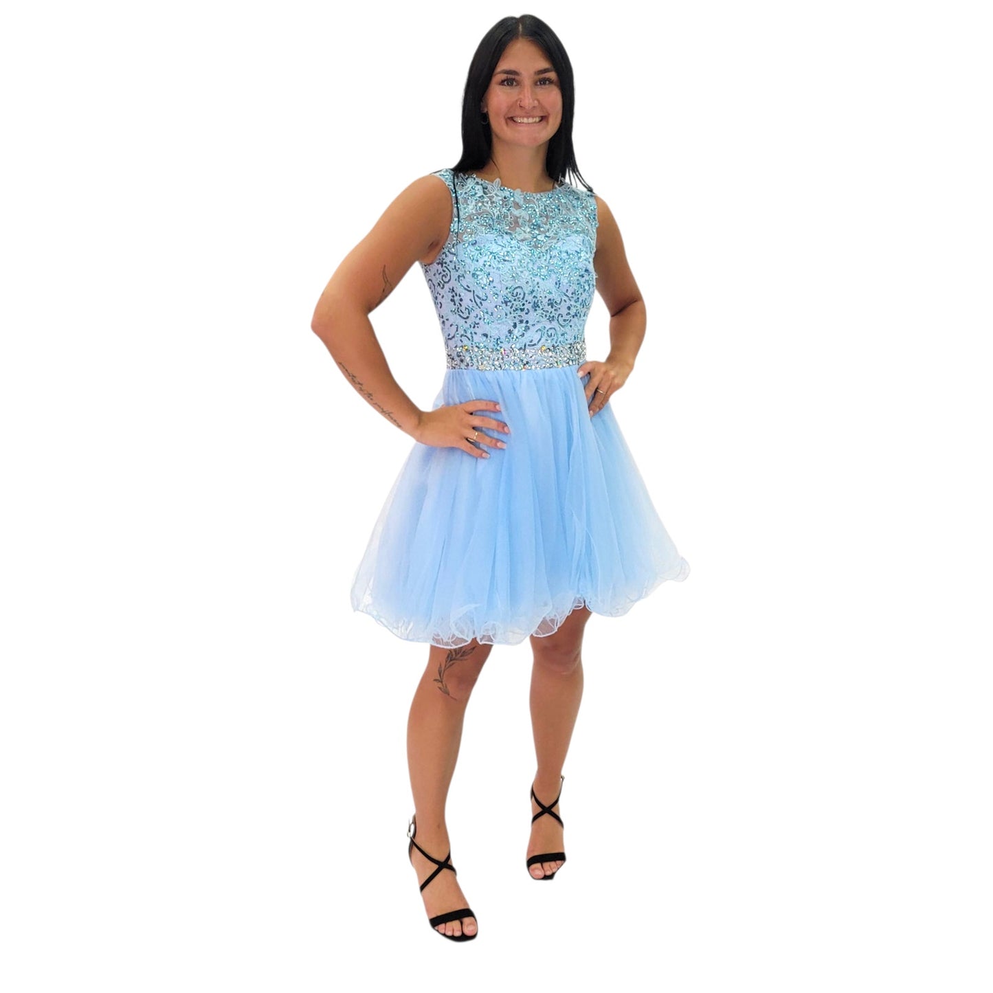 Short Cocktail Dress with Detailed Bodice High Neck and Keyhole Back with Tulle Skirt