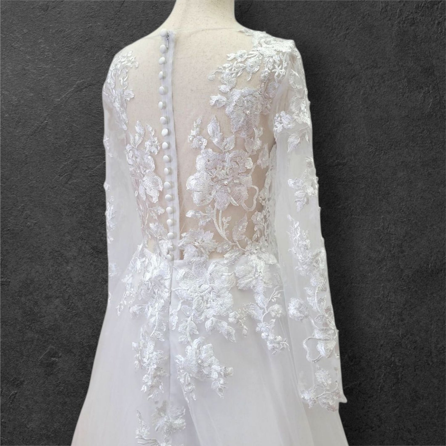 A Line Wedding Gown with Fitted Mesh Long Sleeves and Train with Floral Appliques