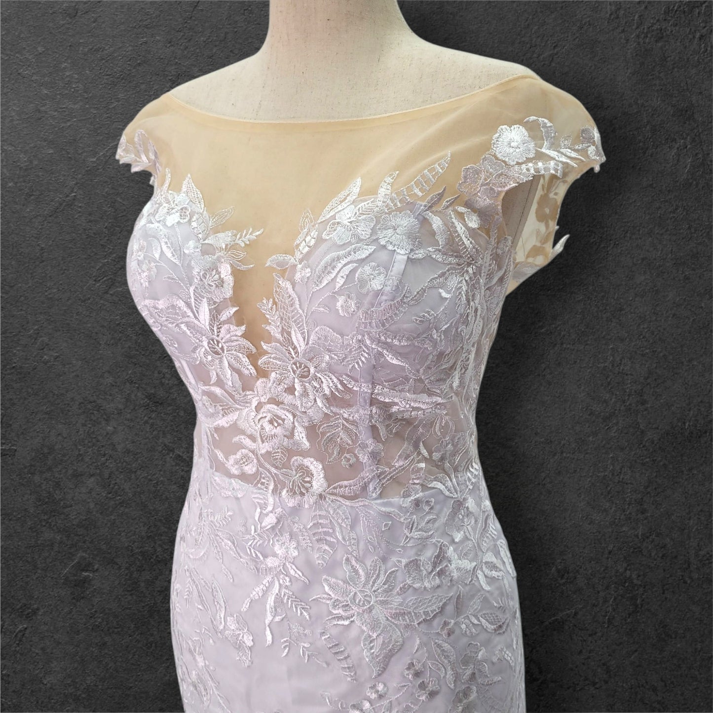 Fit n Flair Wedding Dress with Low Back and Mesh Cap Sleeves and Deep V Neck