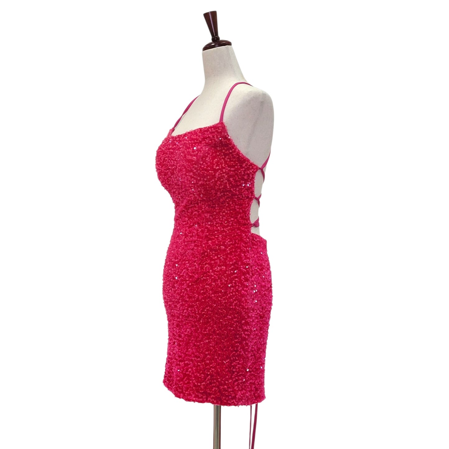 Women's Hot Pink Short Sequin Scoop Neck Corset Back Dress