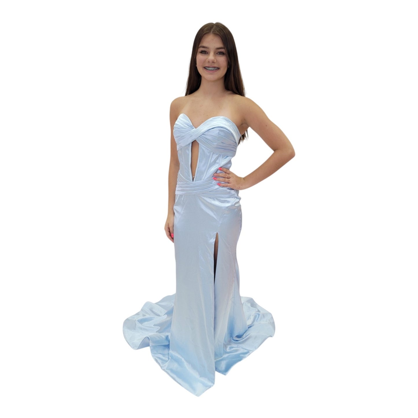Strapless Satin Evening Gown with Front Cutout in Icy Blue with Corset Back