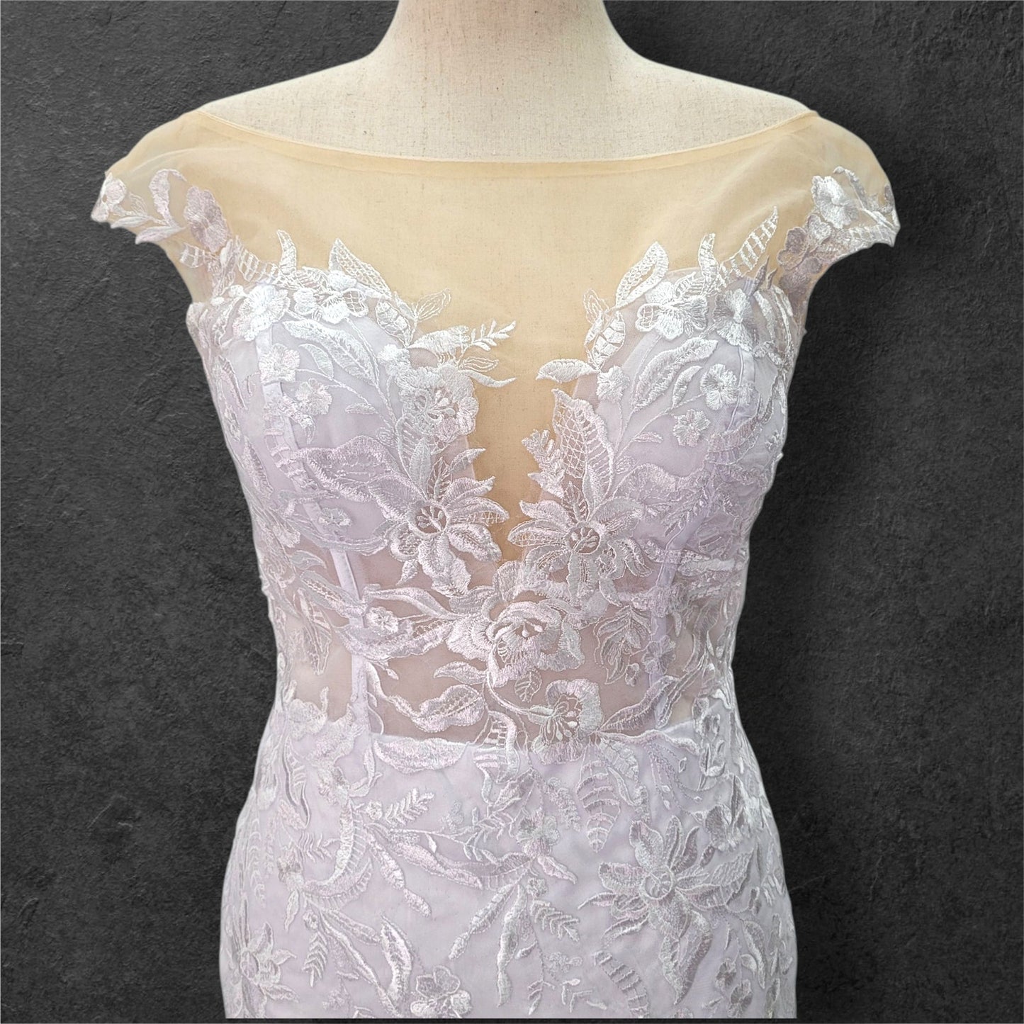 Fit n Flair Wedding Dress with Low Back and Mesh Cap Sleeves and Deep V Neck