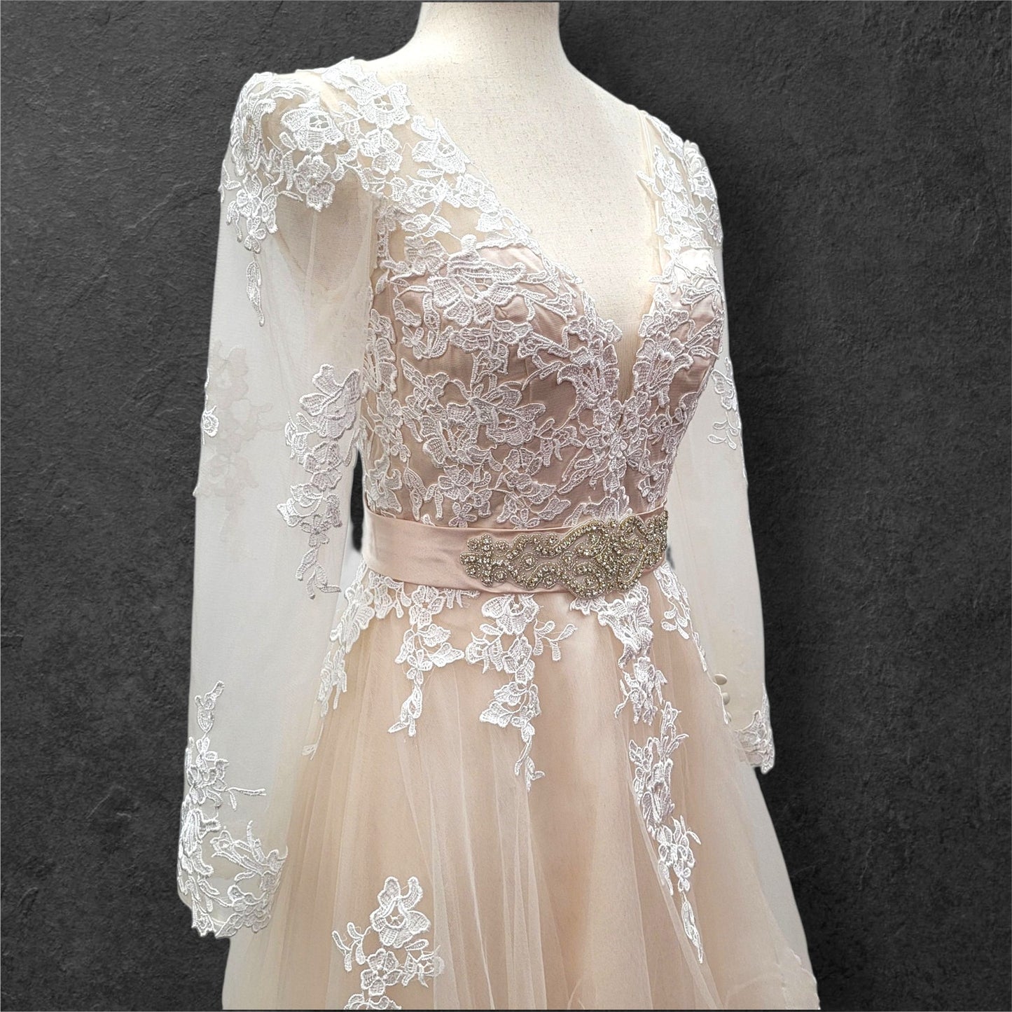 Beige Ballgown with Silver Jeweled Belt and Floral Appliques