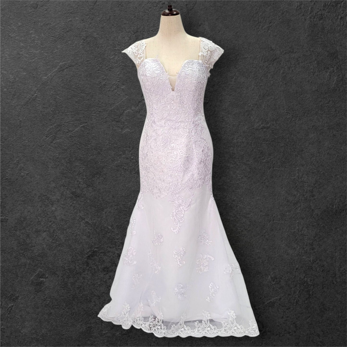 Fit n Flair Wedding Dress with Deep Sweetheart Neckline and Wide Sleeves
