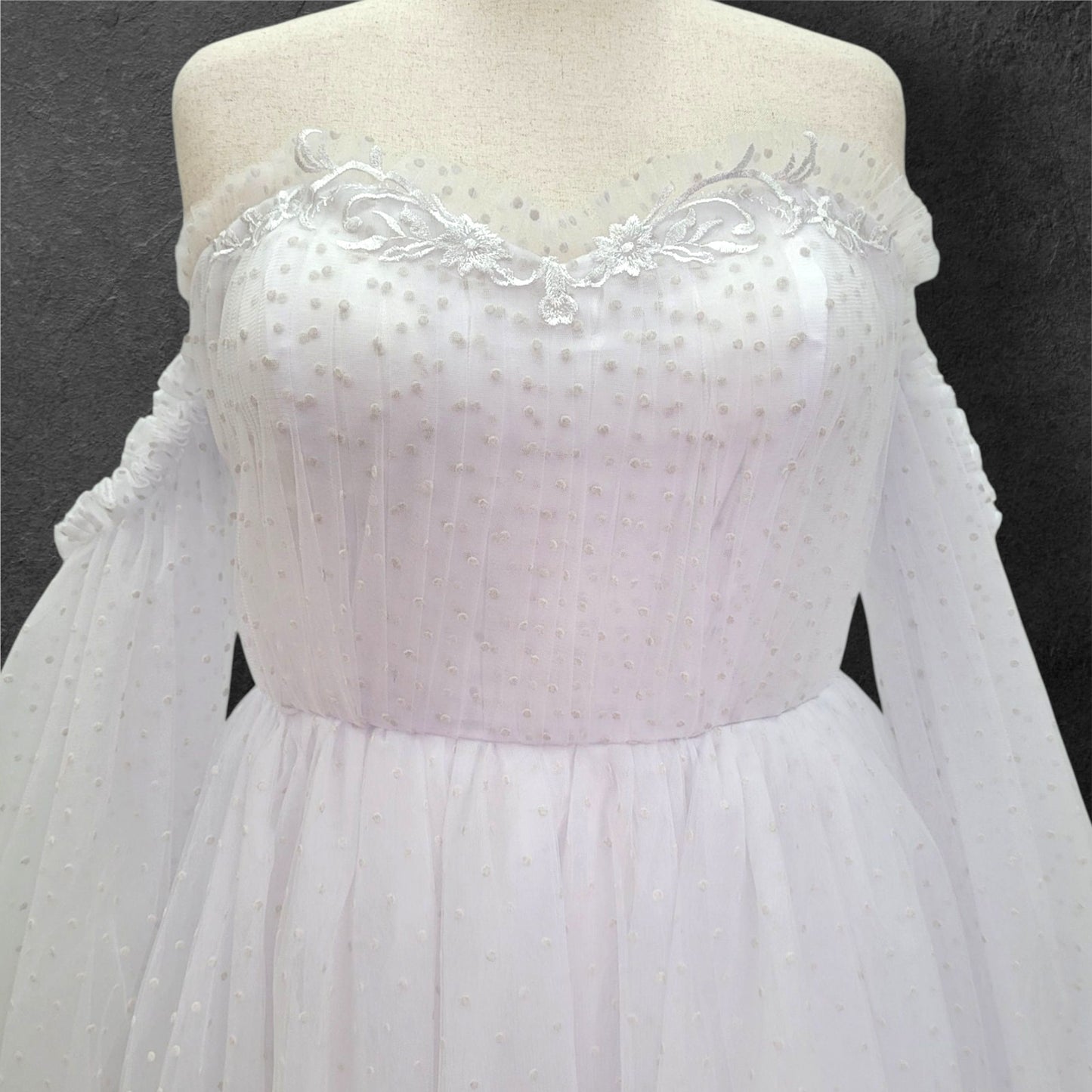 Fun Polka Dot Tulle Wedding Dress with Off Shoulder Sleeves