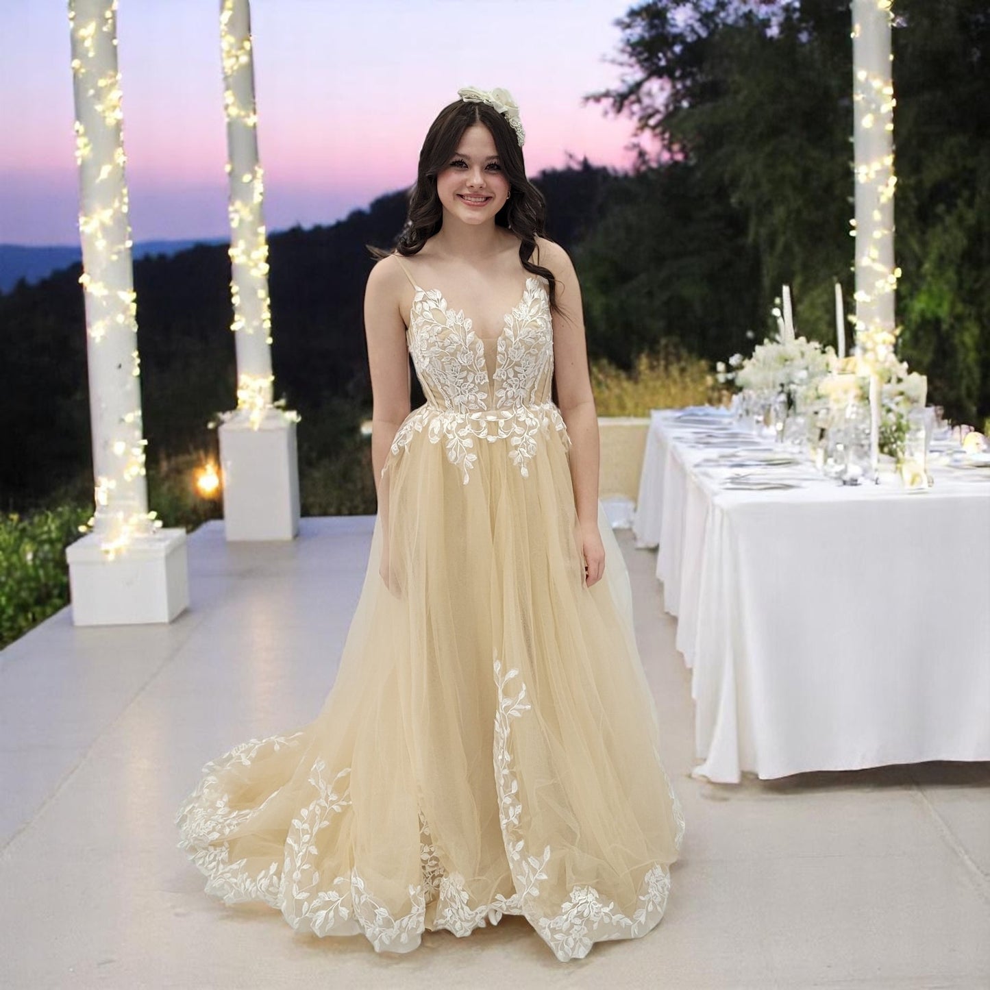 Beige Ballgown Wedding Dress with White Floral Appliques
