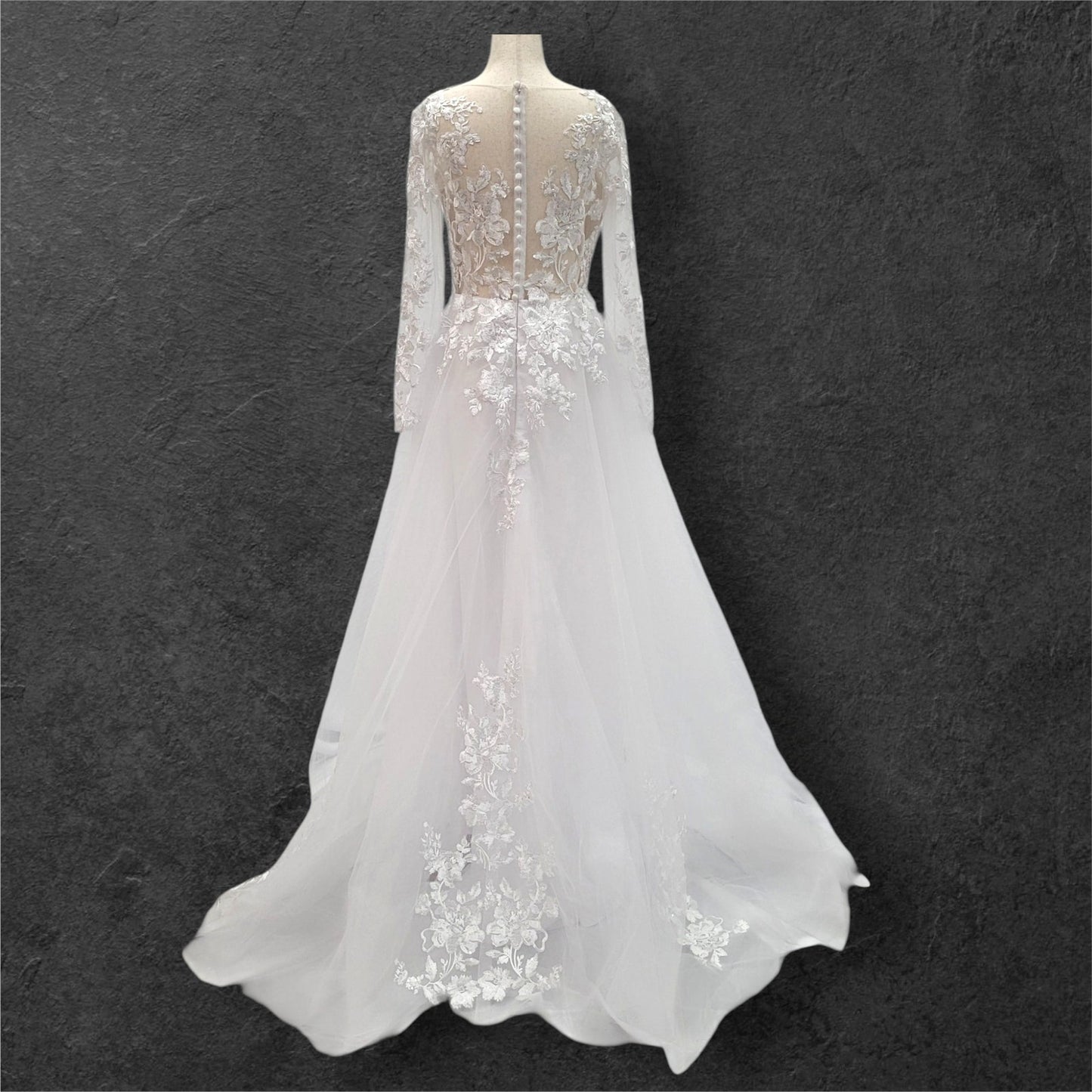 Long Sleeve Tulle Wedding Dress with Sheer Mesh Back with Floral Appliques