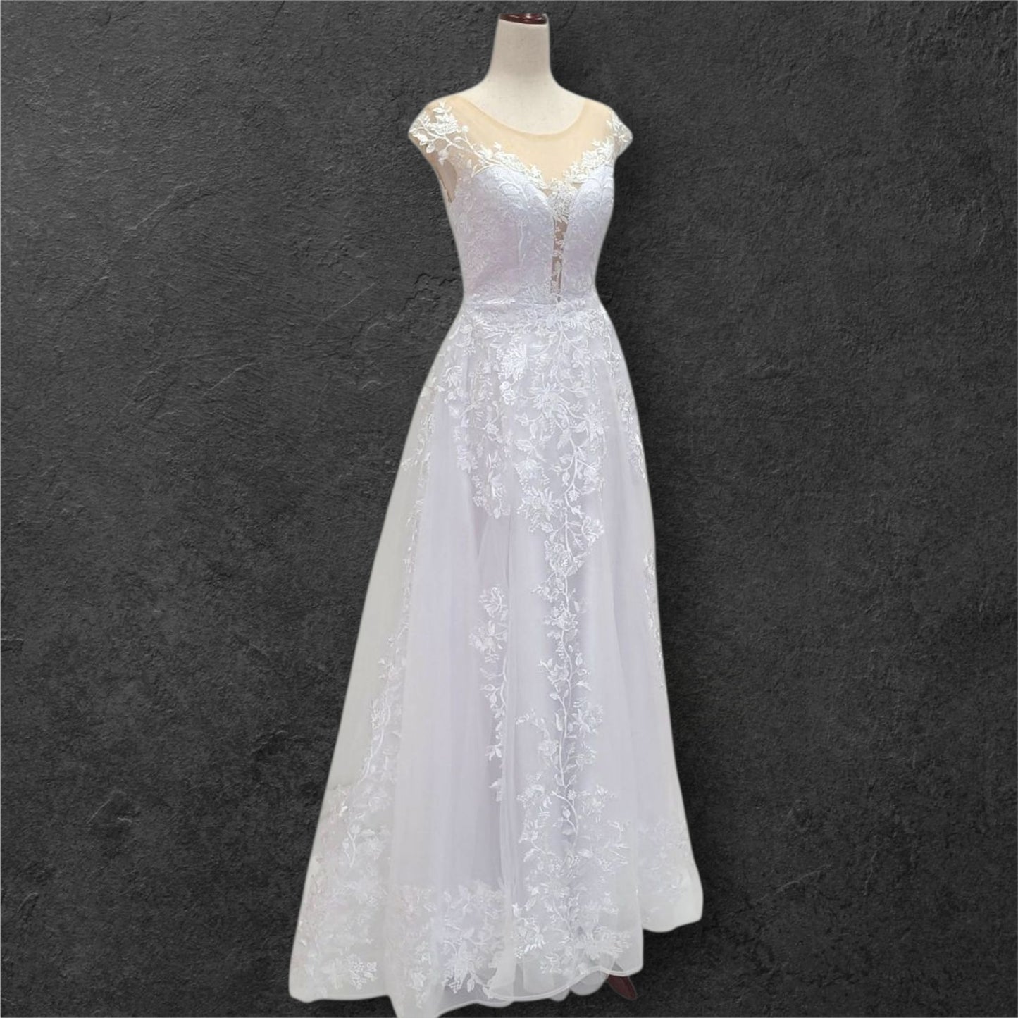 Deep V Neck Wedding Dress with Mesh Lace Cap Sleeves