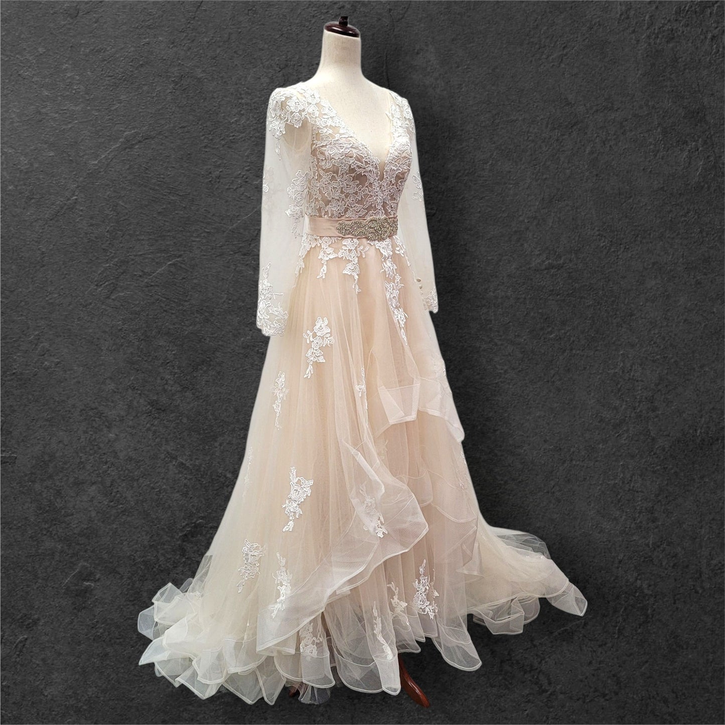 Beige Ballgown with Silver Jeweled Belt and Floral Appliques