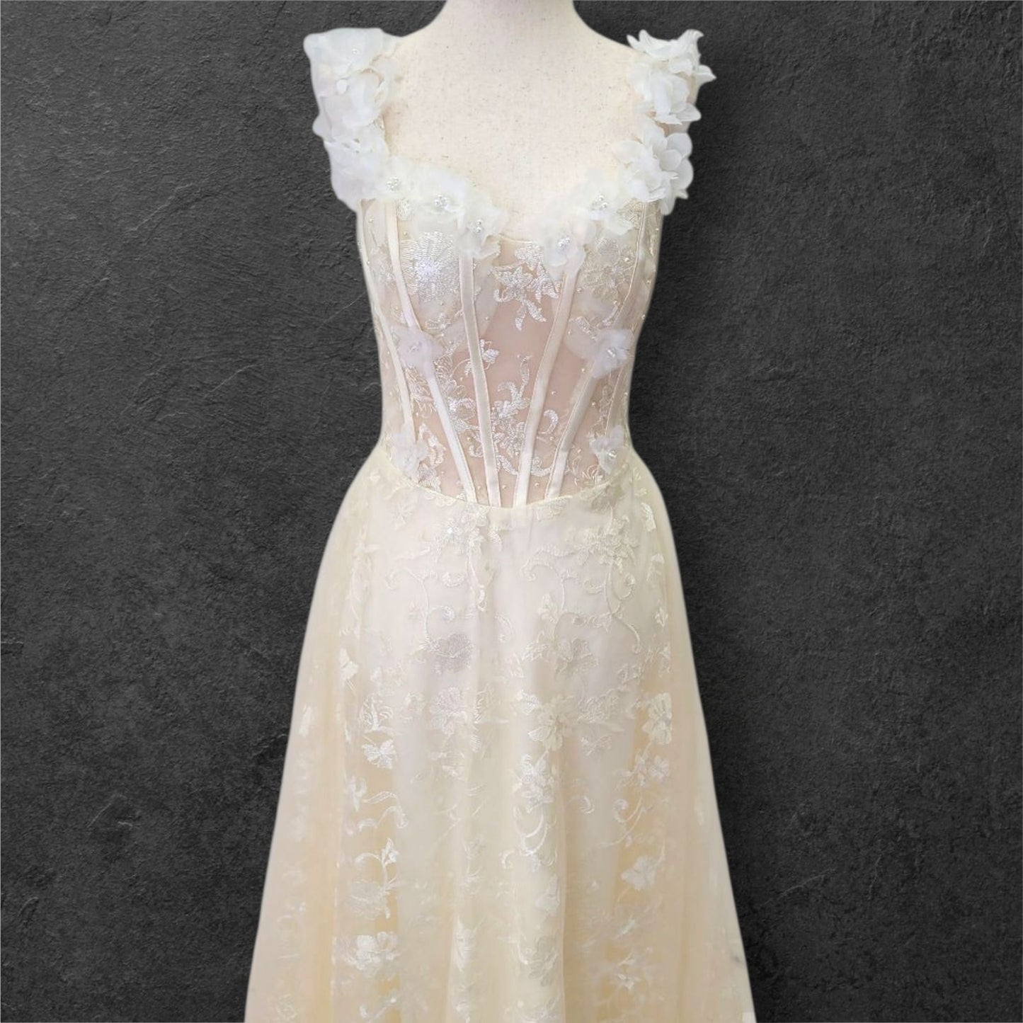 Champagne Floral Patterned Ballgown with White Flowers on Straps