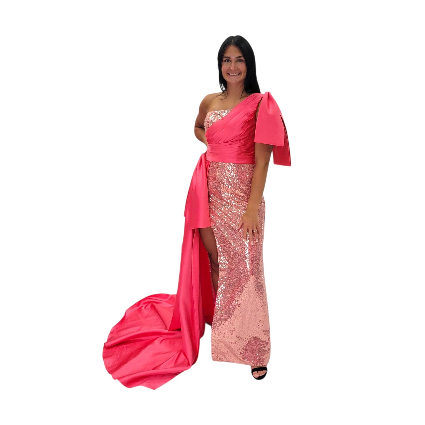 One Shoulder Pink Sequin Evening Gown with Satin Side Train and Oversized Bow on Hip and Shoulder