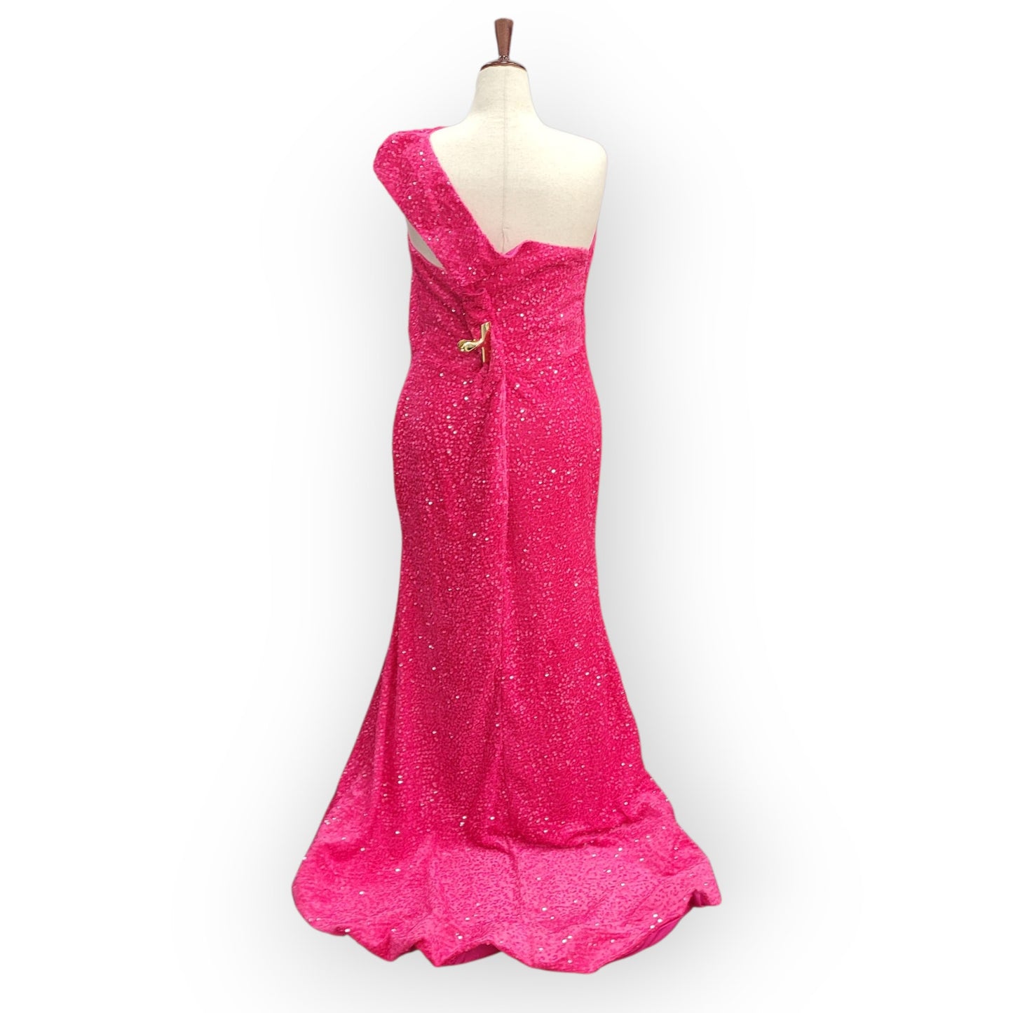 Fitted Hot Pink Sequin Gown with Asymmetric Shoulder Strap