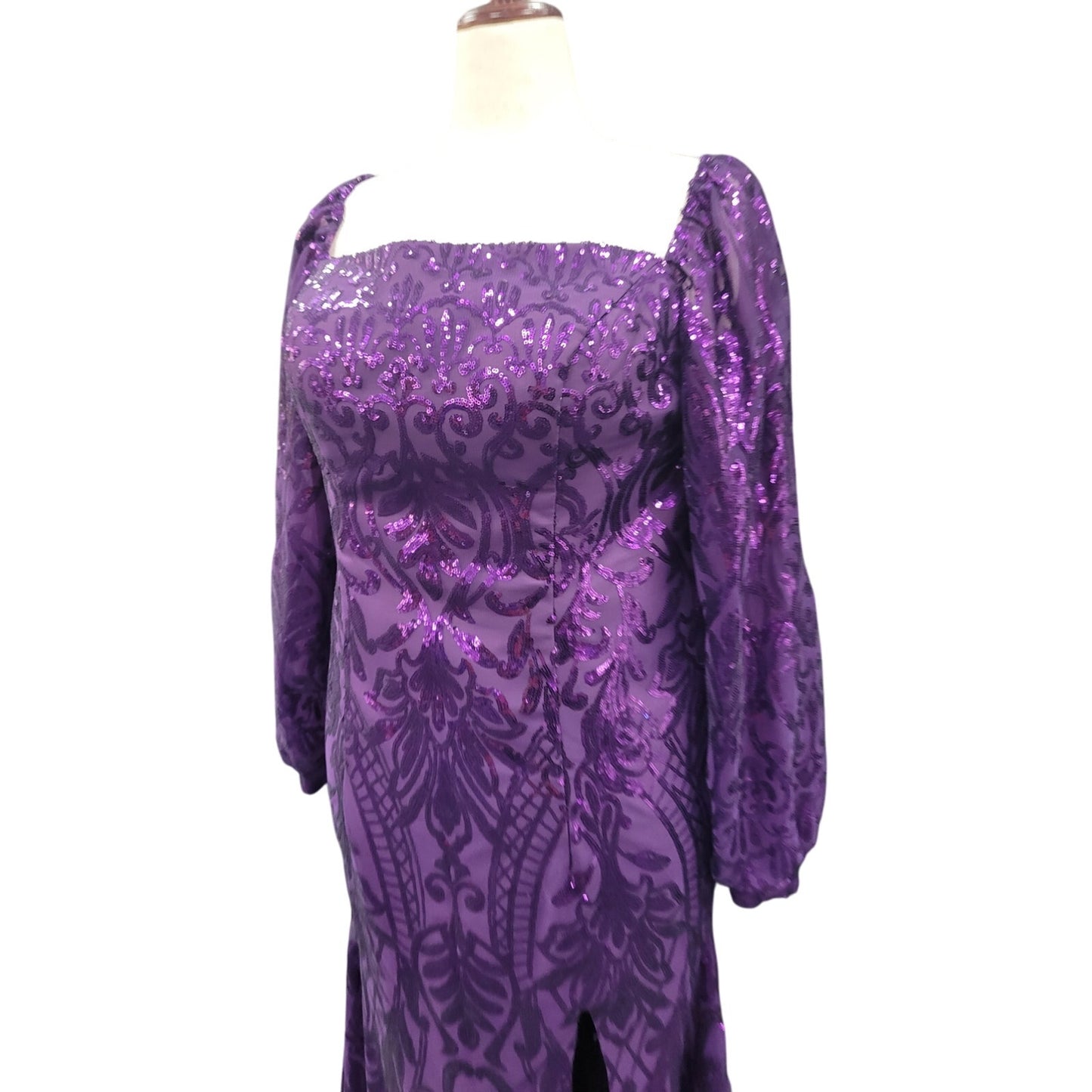 Long Sleeved Patterned Sequin Gown in Purple