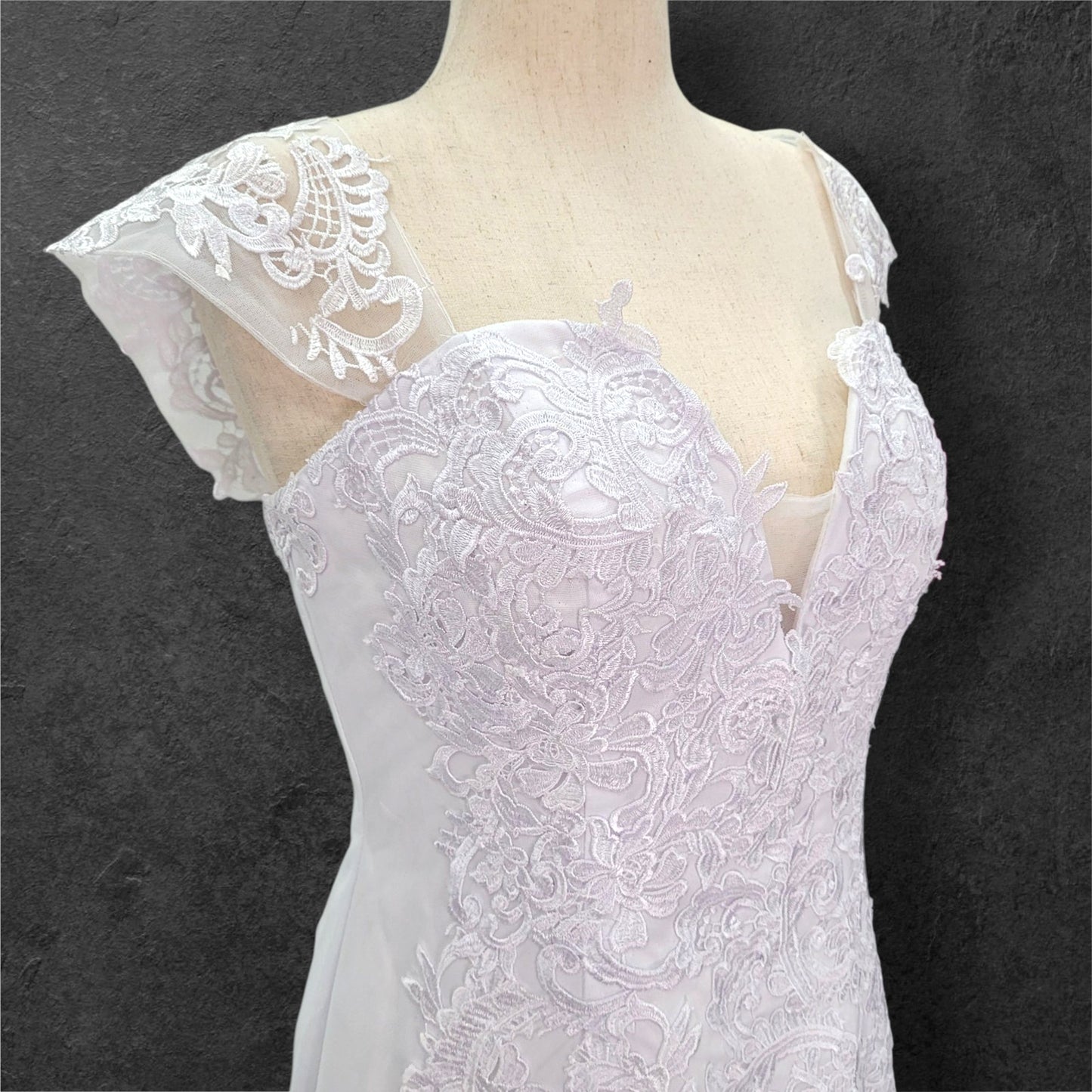 Fit n Flair Wedding Dress with Deep Sweetheart Neckline and Wide Sleeves
