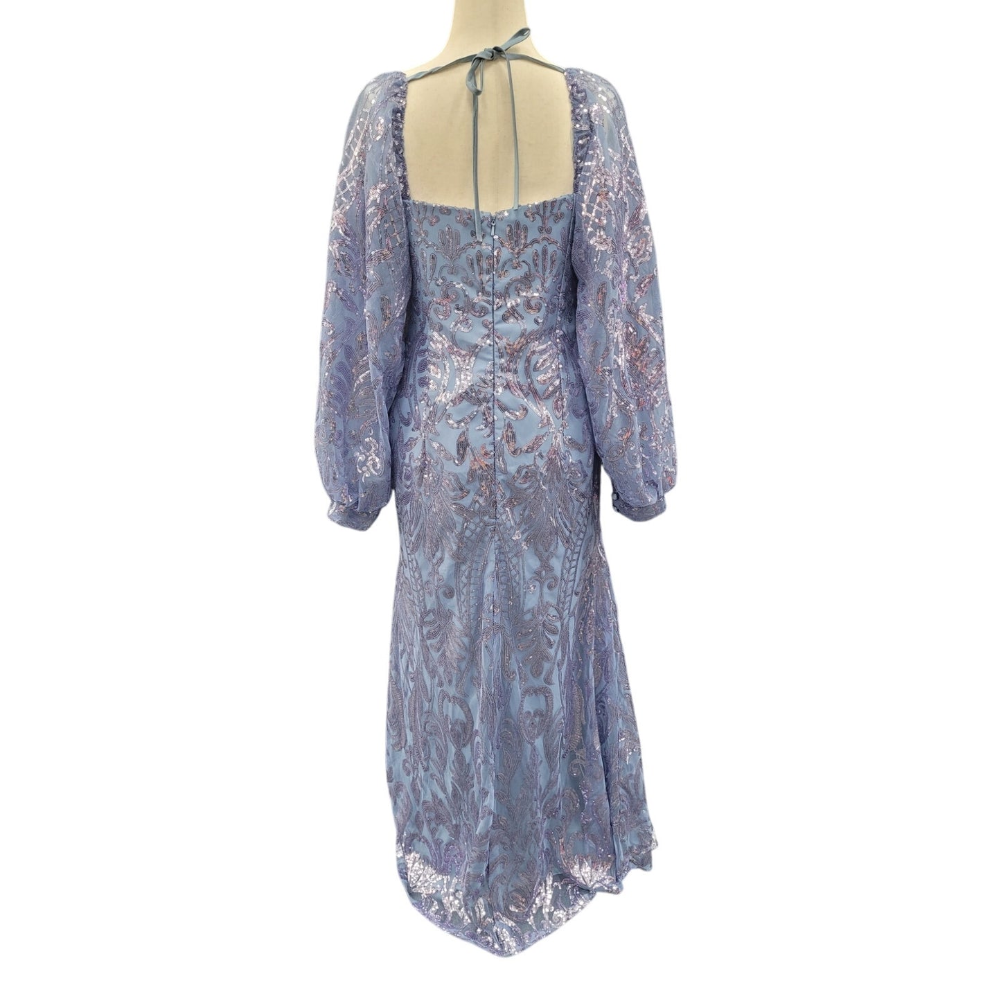 Long Sleeved Patterned Sequin Gown in Blue
