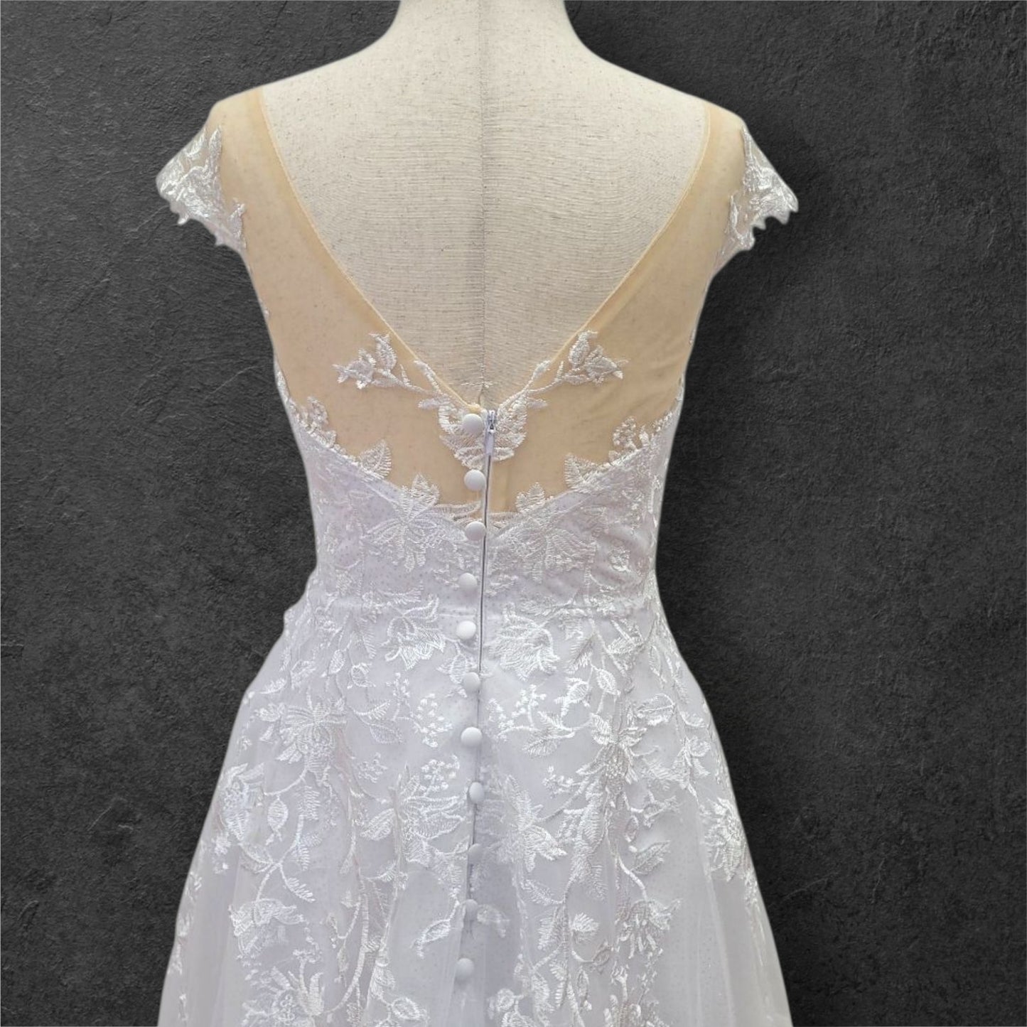 Deep V Neck Wedding Dress with Mesh Lace Cap Sleeves