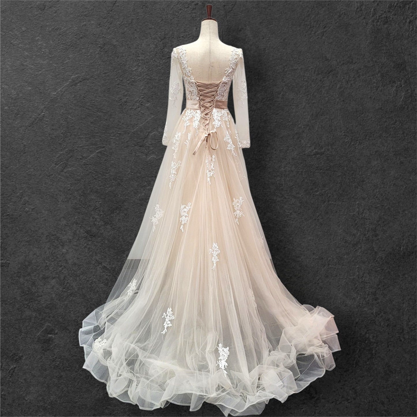 Beige Ballgown with Silver Jeweled Belt and Floral Appliques