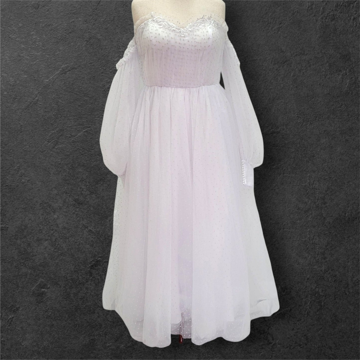Fun Polka Dot Tulle Wedding Dress with Off Shoulder Sleeves
