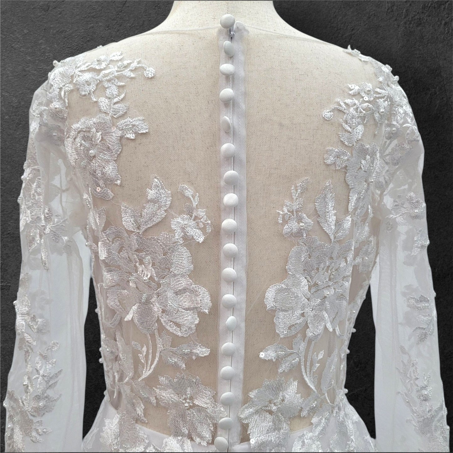 Long Sleeve Tulle Wedding Dress with Sheer Mesh Back with Floral Appliques