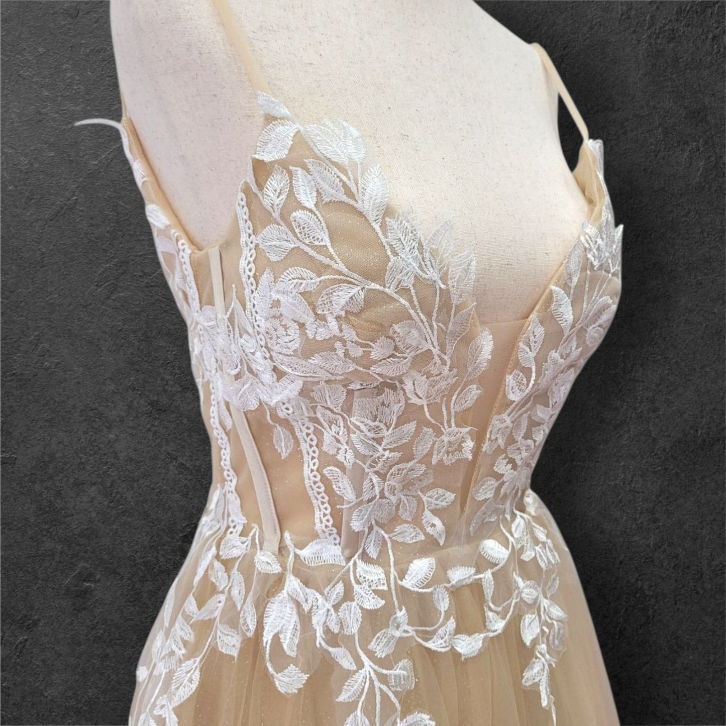 Beige Ballgown Wedding Dress with White Floral Appliques