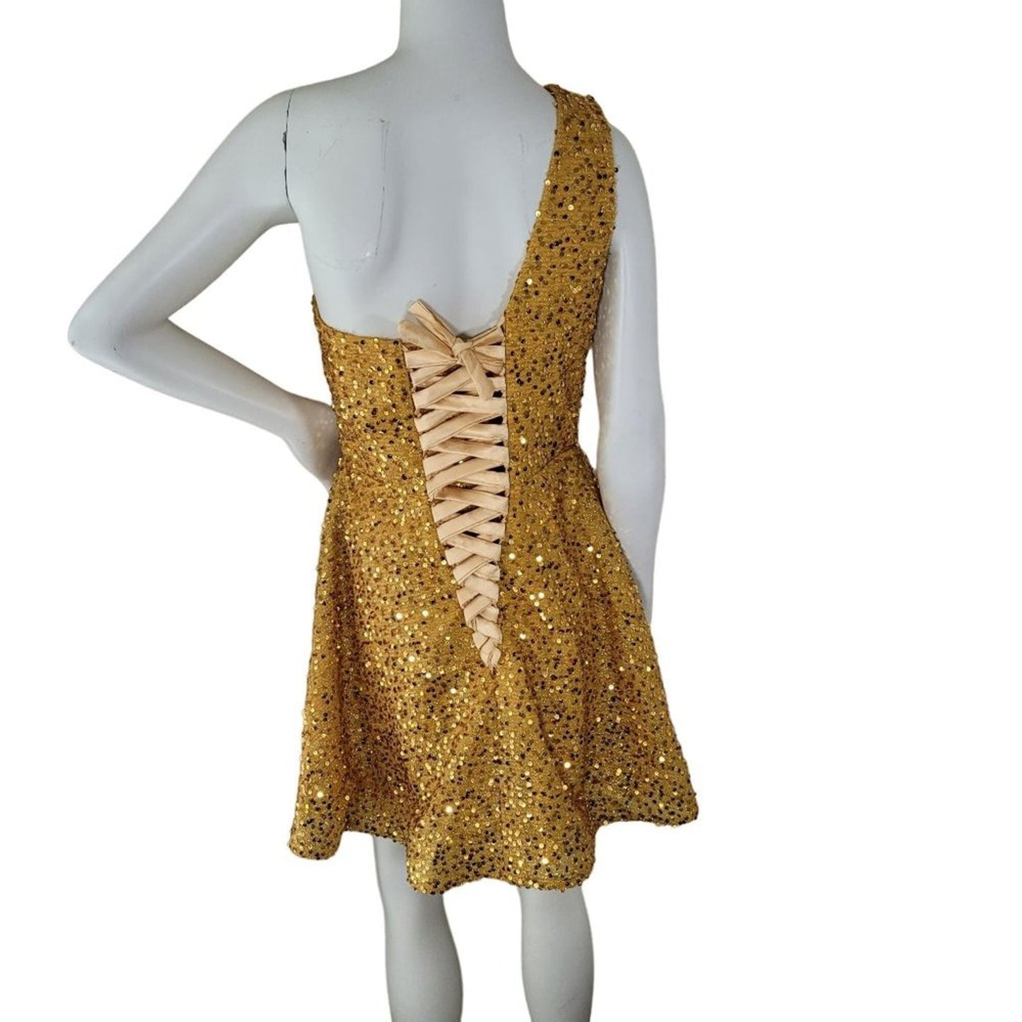Women's Gold Sequin Dress Short Formal Gown One Shoulder
