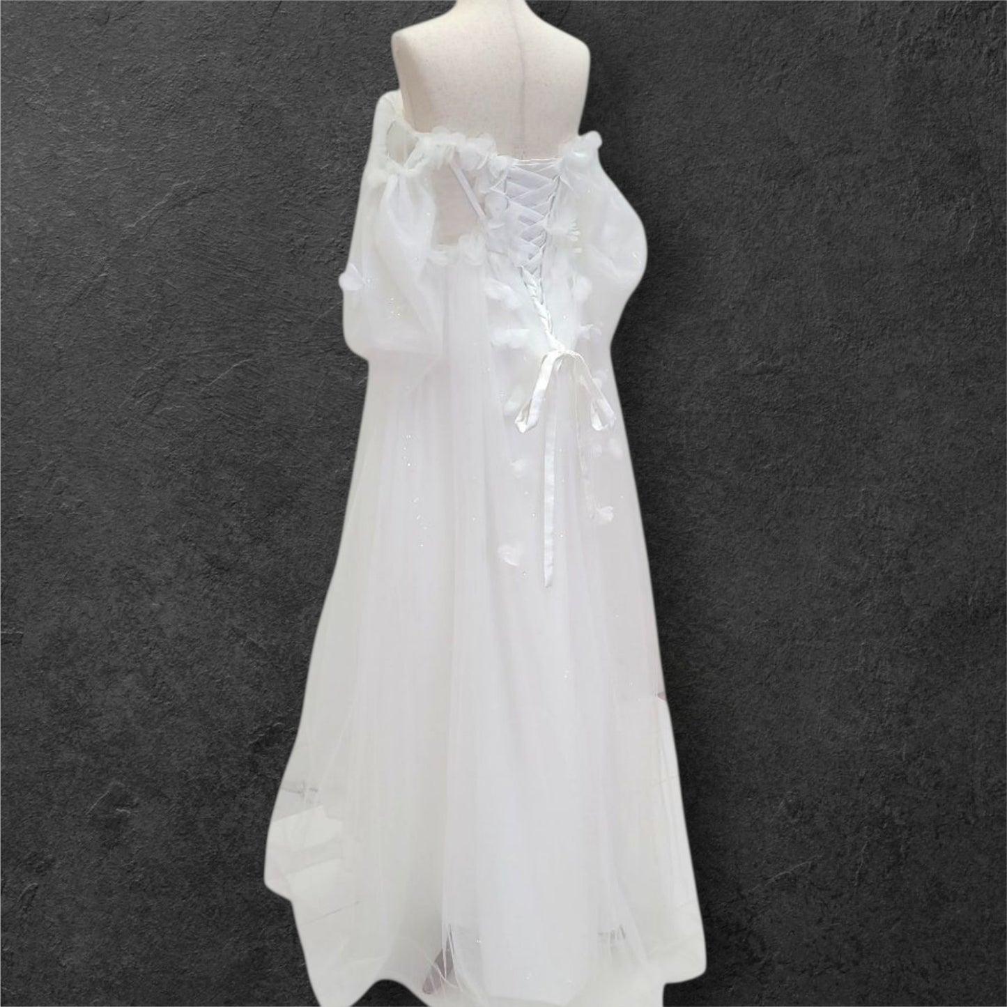 Tulle Ballgown with Puff Sleeves and Decorative Flowers