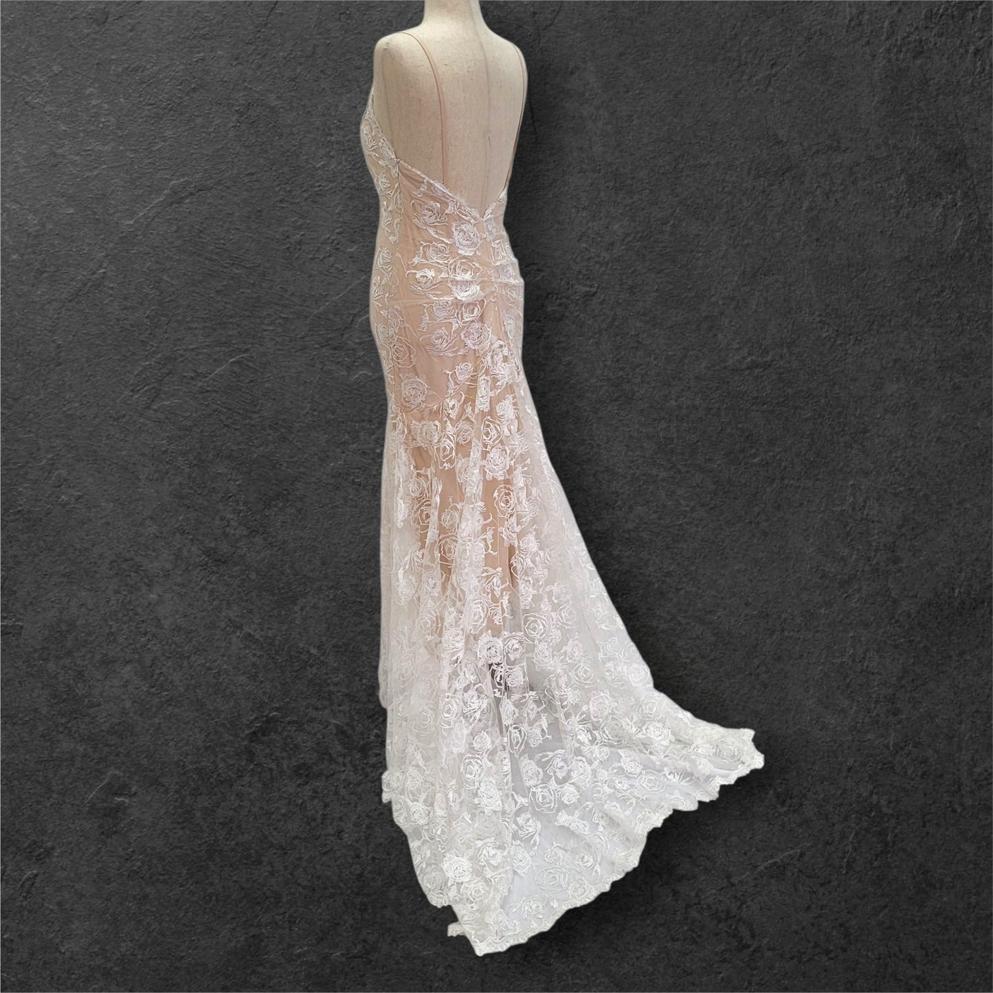 Beige Destination Wedding Dress with White Rose Overlay and Train