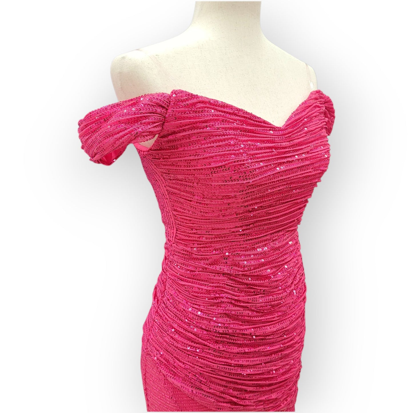 Hot Pink Sequin Evening Gown with Off-Shoulder Sleeves and Train