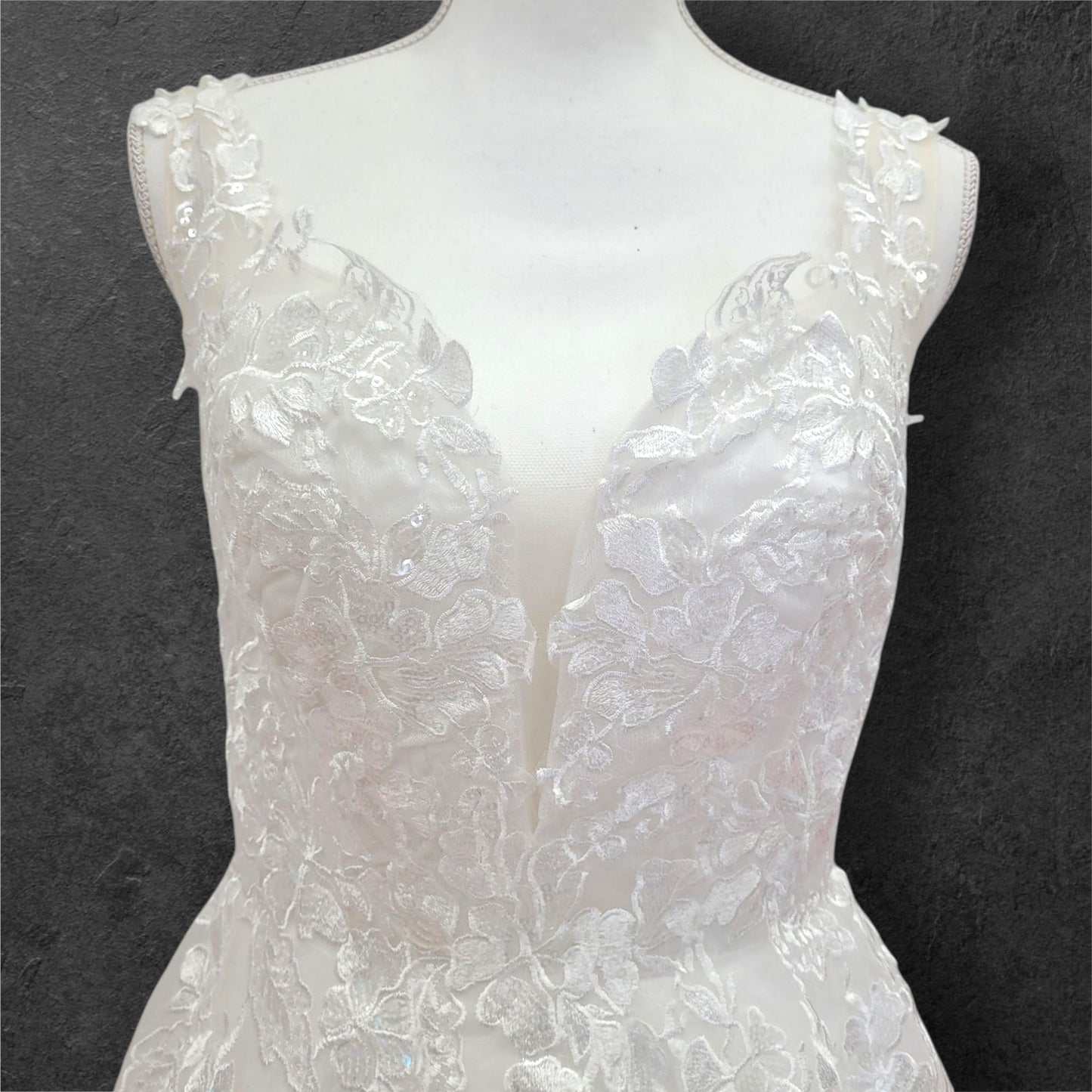 Detailed Low Back Wedding Dress with Train and Plunge V Neck