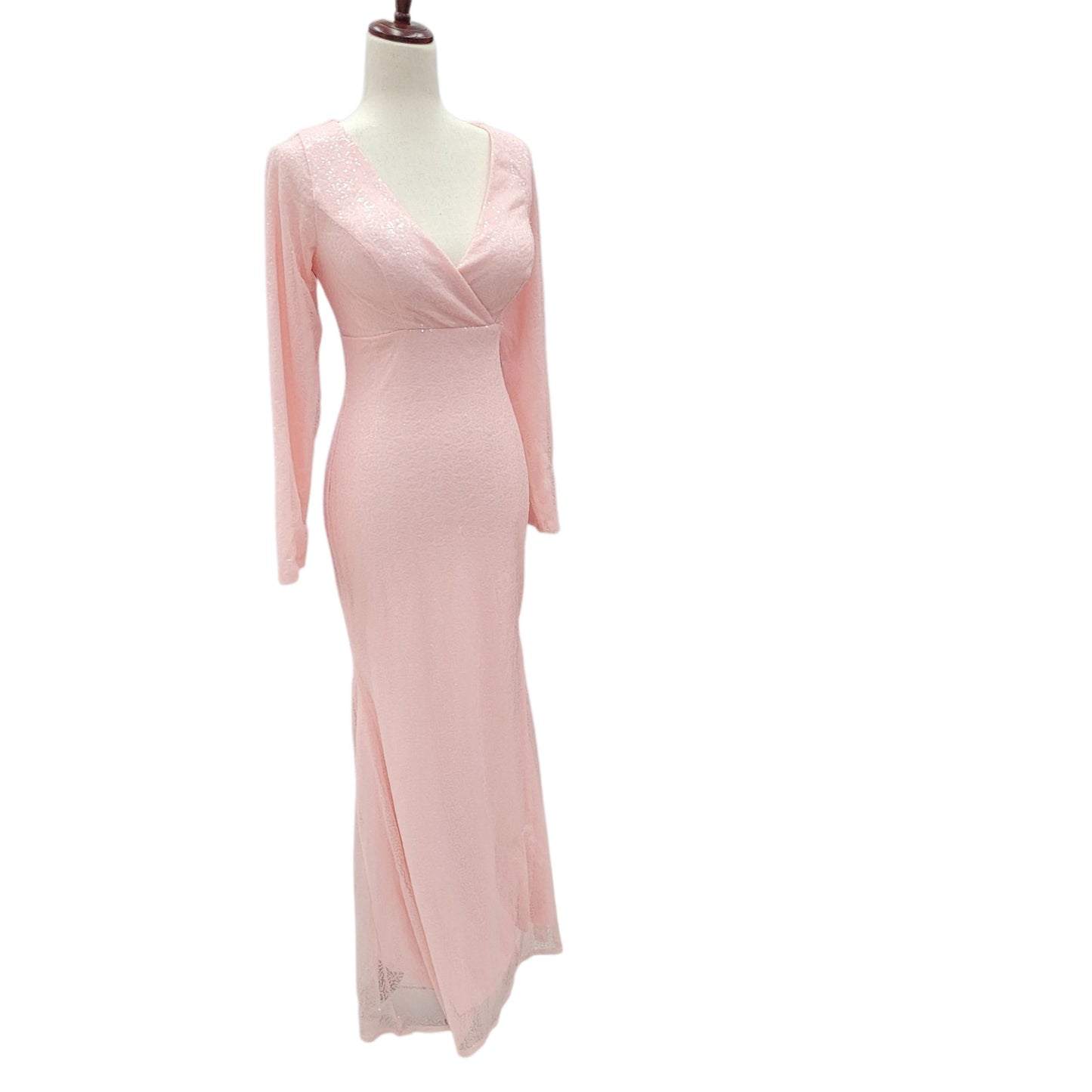 Light Pink Fitted Sequin Gown with Long Sleeves