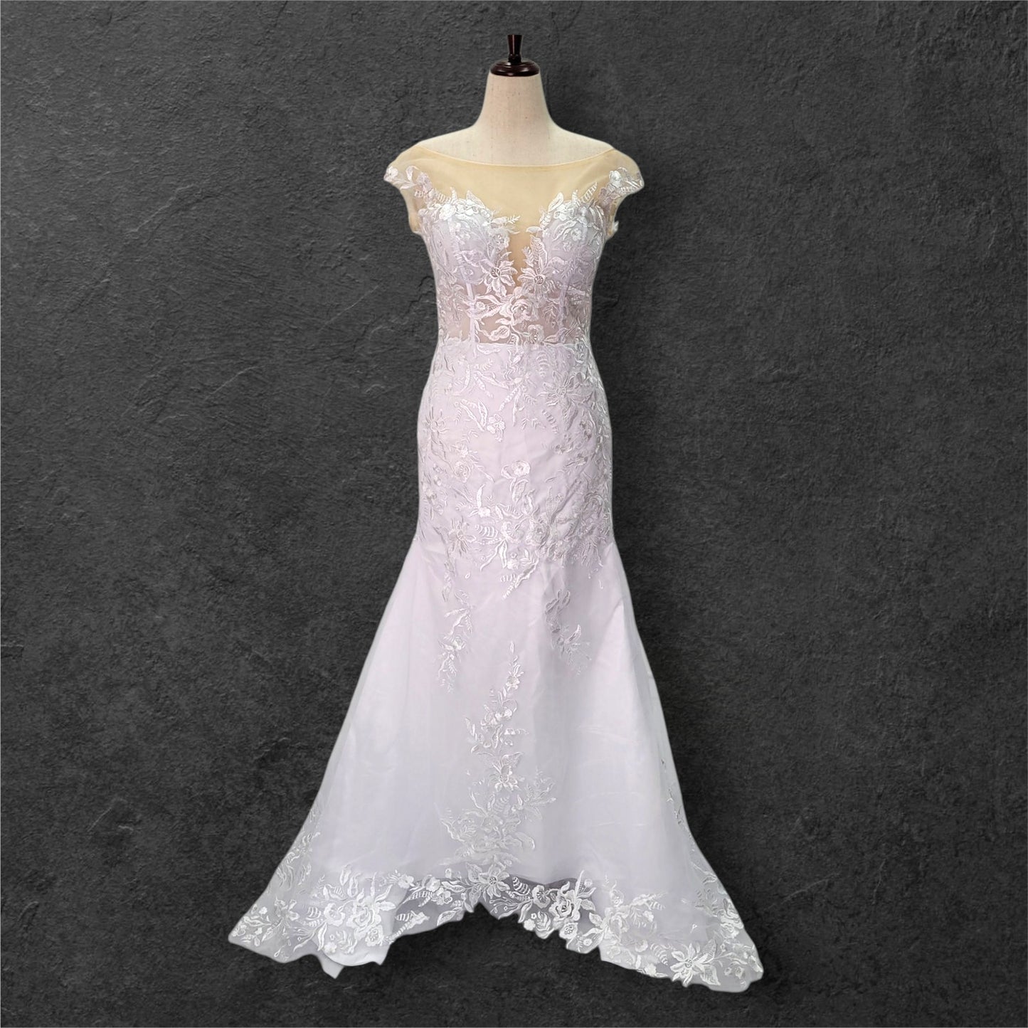 Fit n Flair Wedding Dress with Low Back and Mesh Cap Sleeves and Deep V Neck