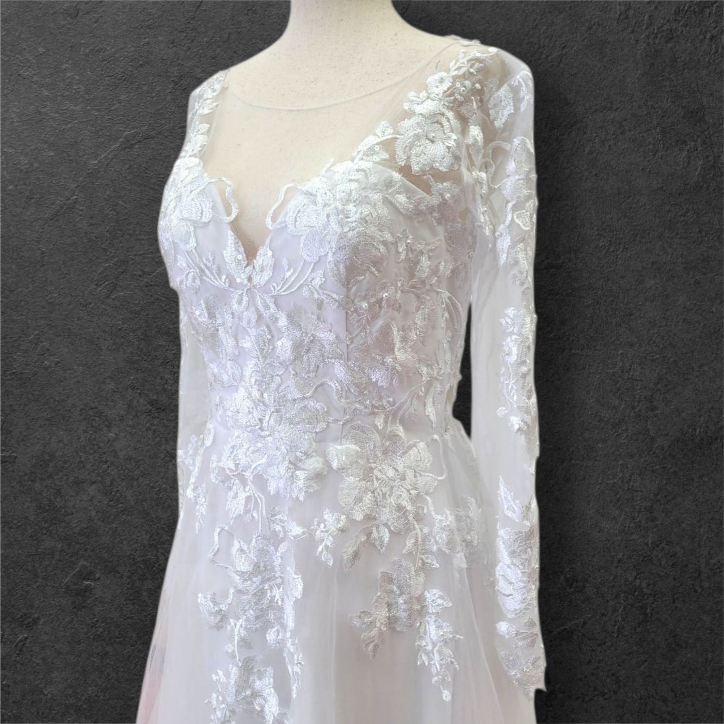 A Line Wedding Gown with Fitted Mesh Long Sleeves and Train with Floral Appliques