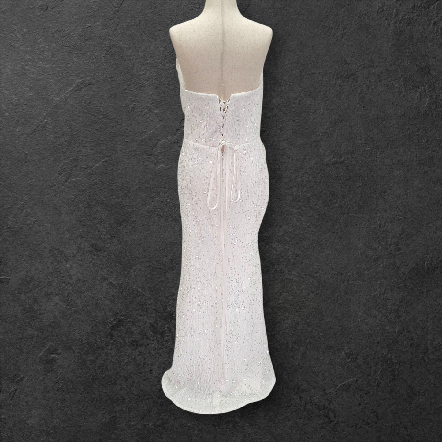 Strapless White Sequin Gown with Corset Back and Leg Slit