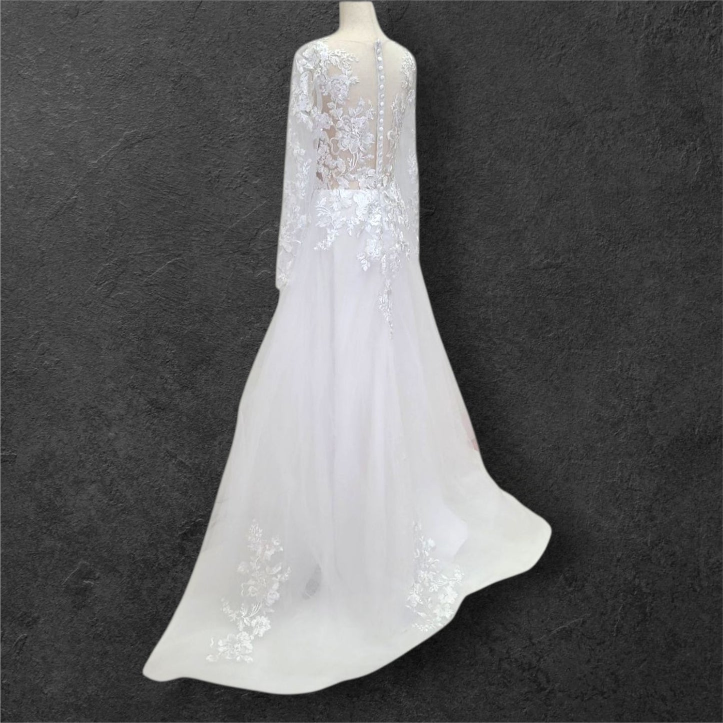 A Line Wedding Gown with Fitted Mesh Long Sleeves and Train with Floral Appliques