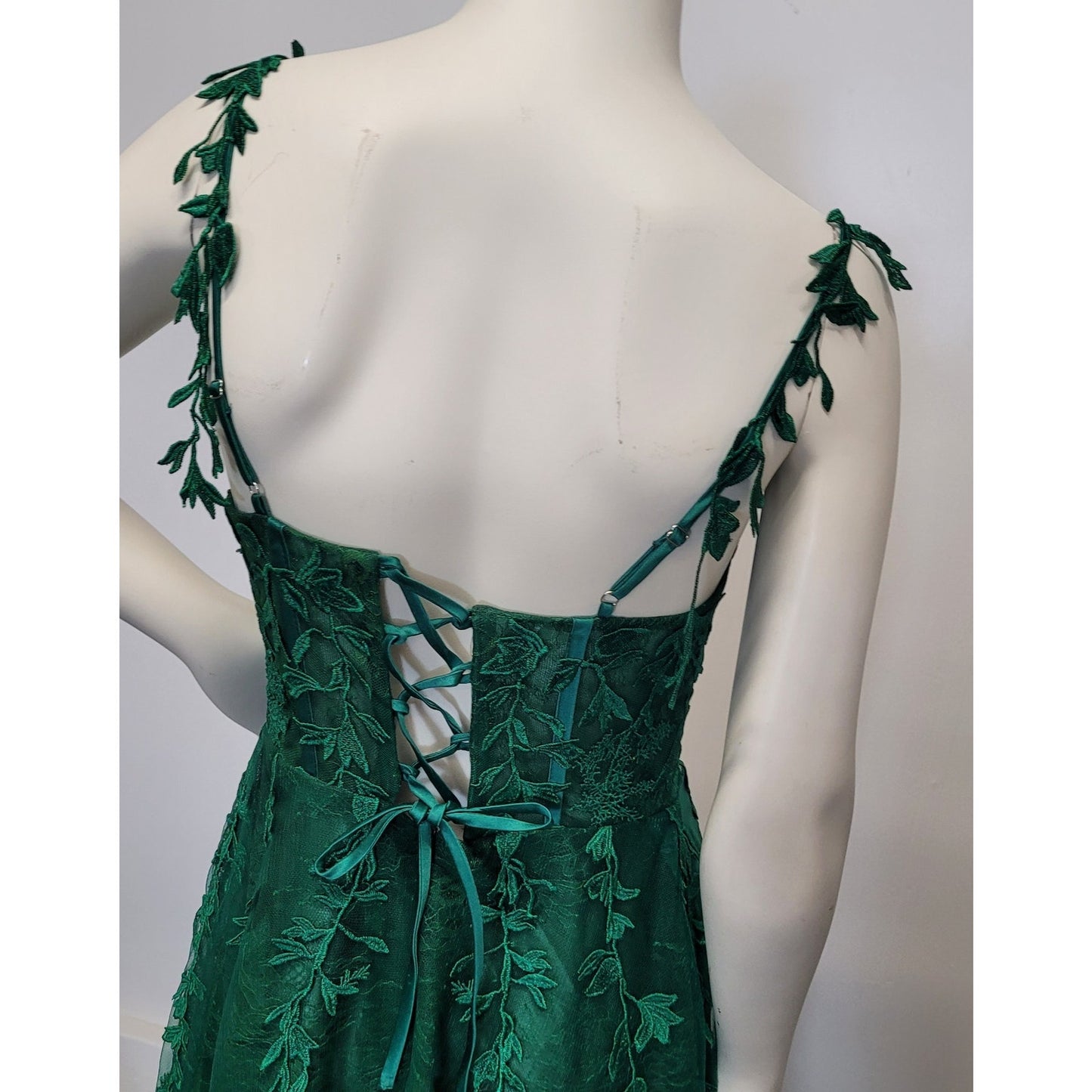 Vine Dress with Semi-Sheer Bodice Corset Back Tulle Skirt Evergreen