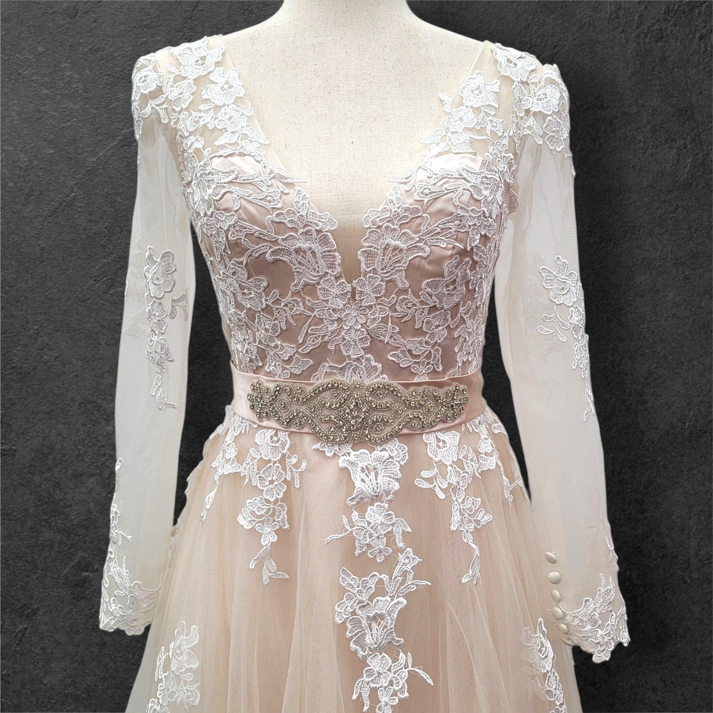Beige Ballgown with Silver Jeweled Belt and Floral Appliques