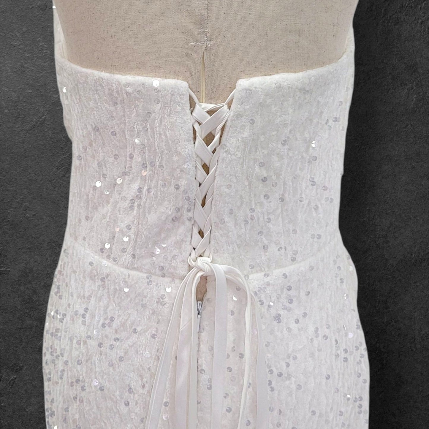 Strapless White Sequin Gown with Corset Back and Leg Slit