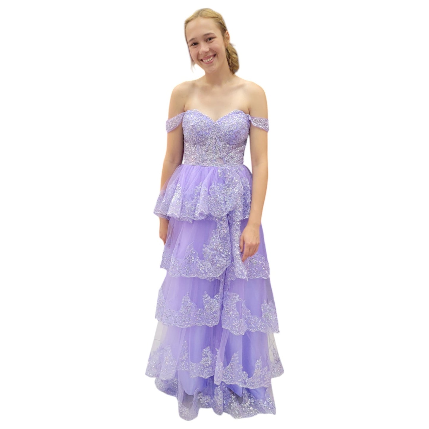Tiered Sequin Gown with Off Shoulder Straps and Corset Back with Slit