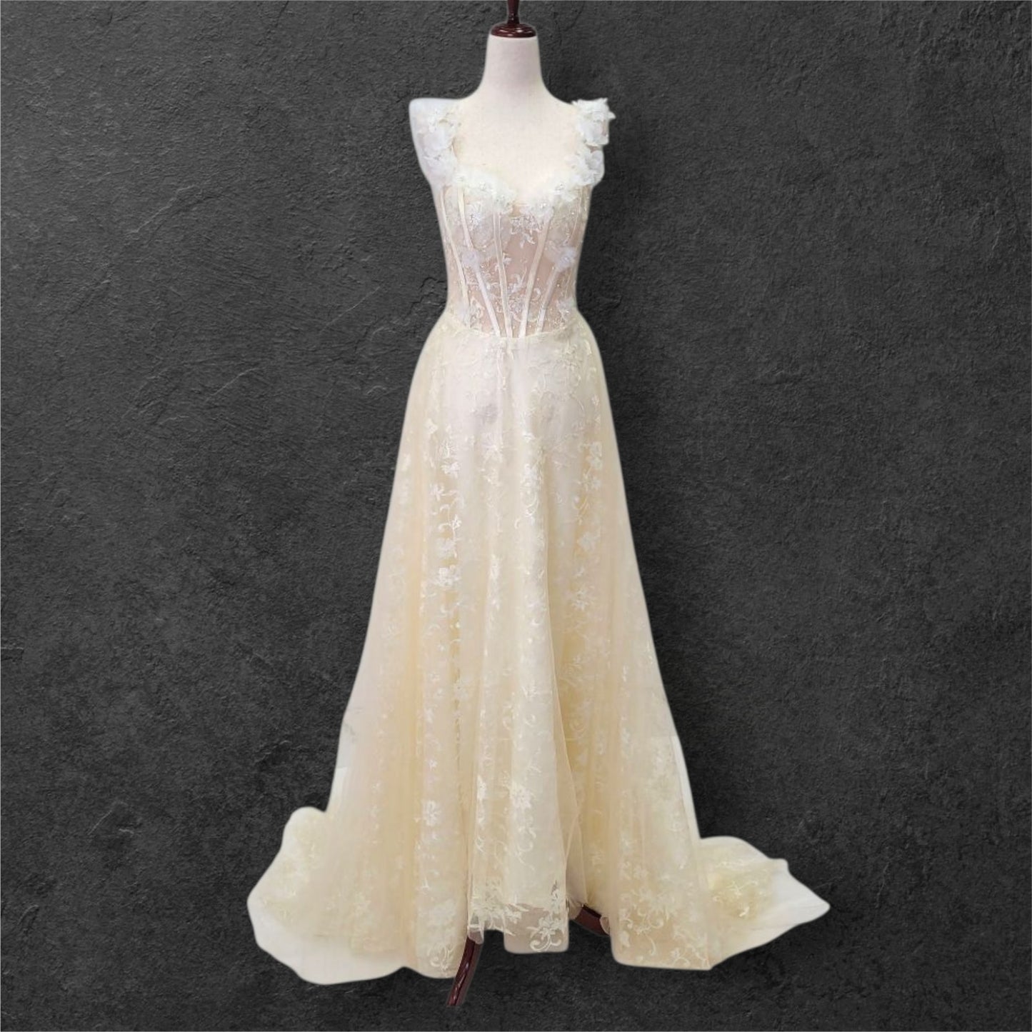 Champagne Floral Patterned Ballgown with White Flowers on Straps