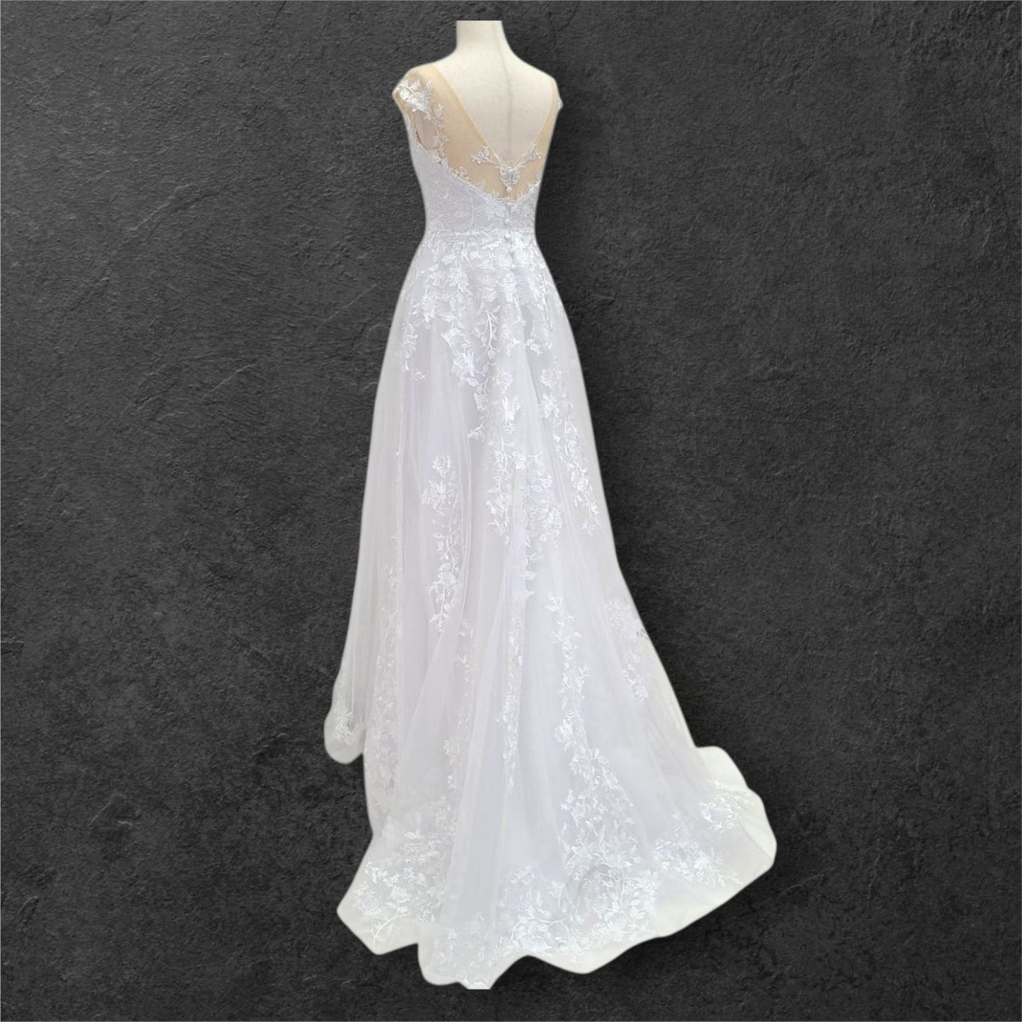 Deep V Neck Wedding Dress with Mesh Lace Cap Sleeves