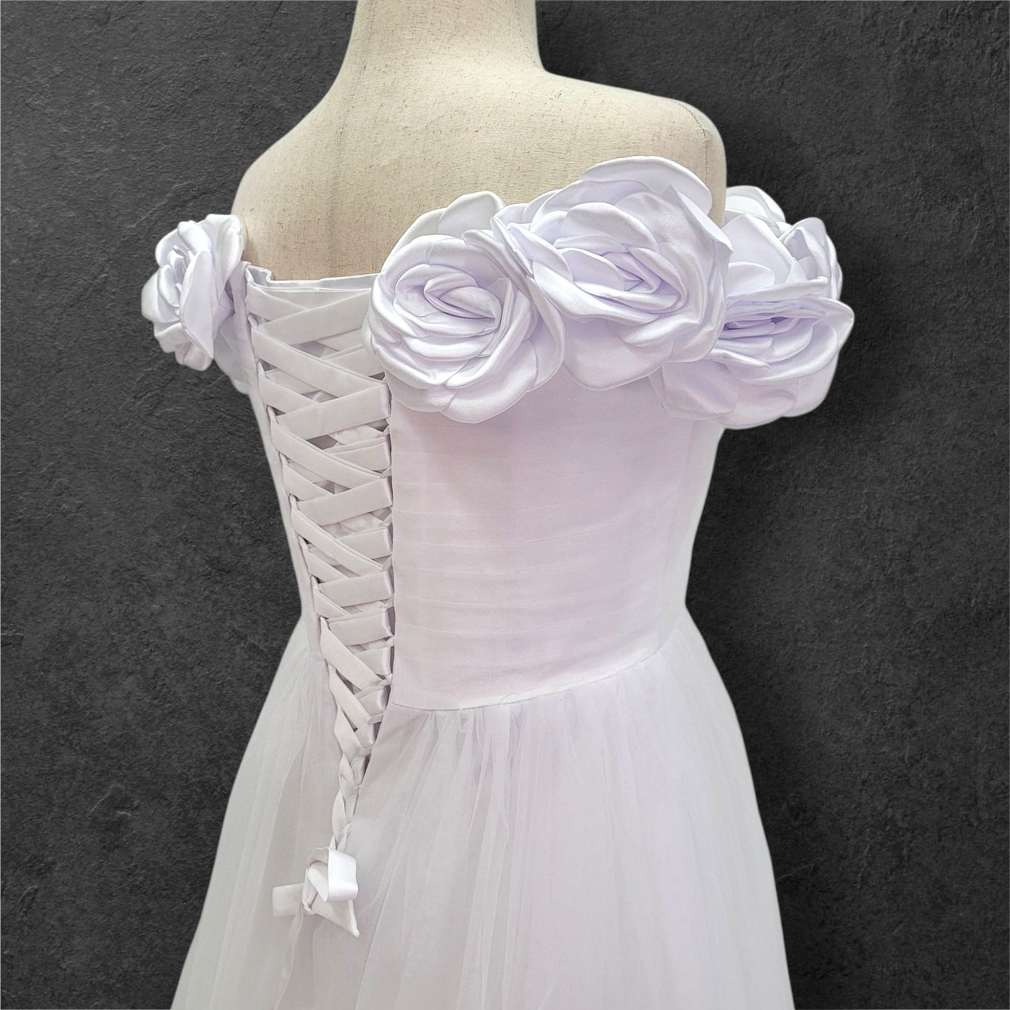 Rose Adorned Wedding Dress with Off Shoulder Sleeves and Corset Back