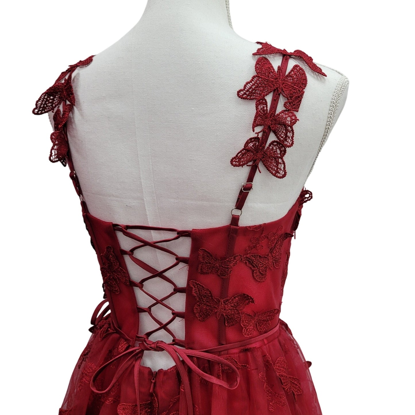 Women's Crimson Red Butterfly Dress with Corset Back