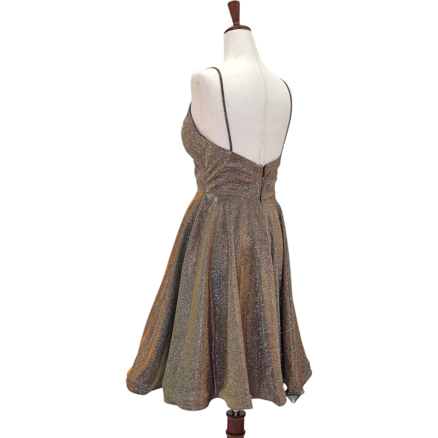 Gold Sparkle Cocktail Dress with V Neck and Low Back