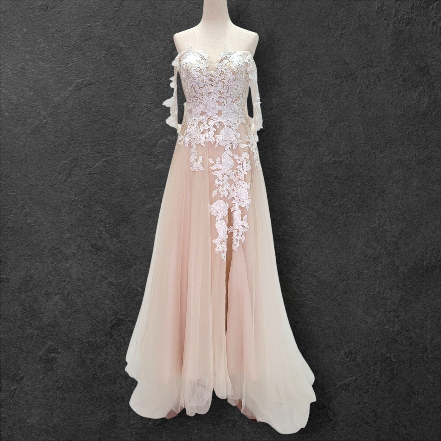 Beige Champagne Wedding Dress with White Floral Appliques