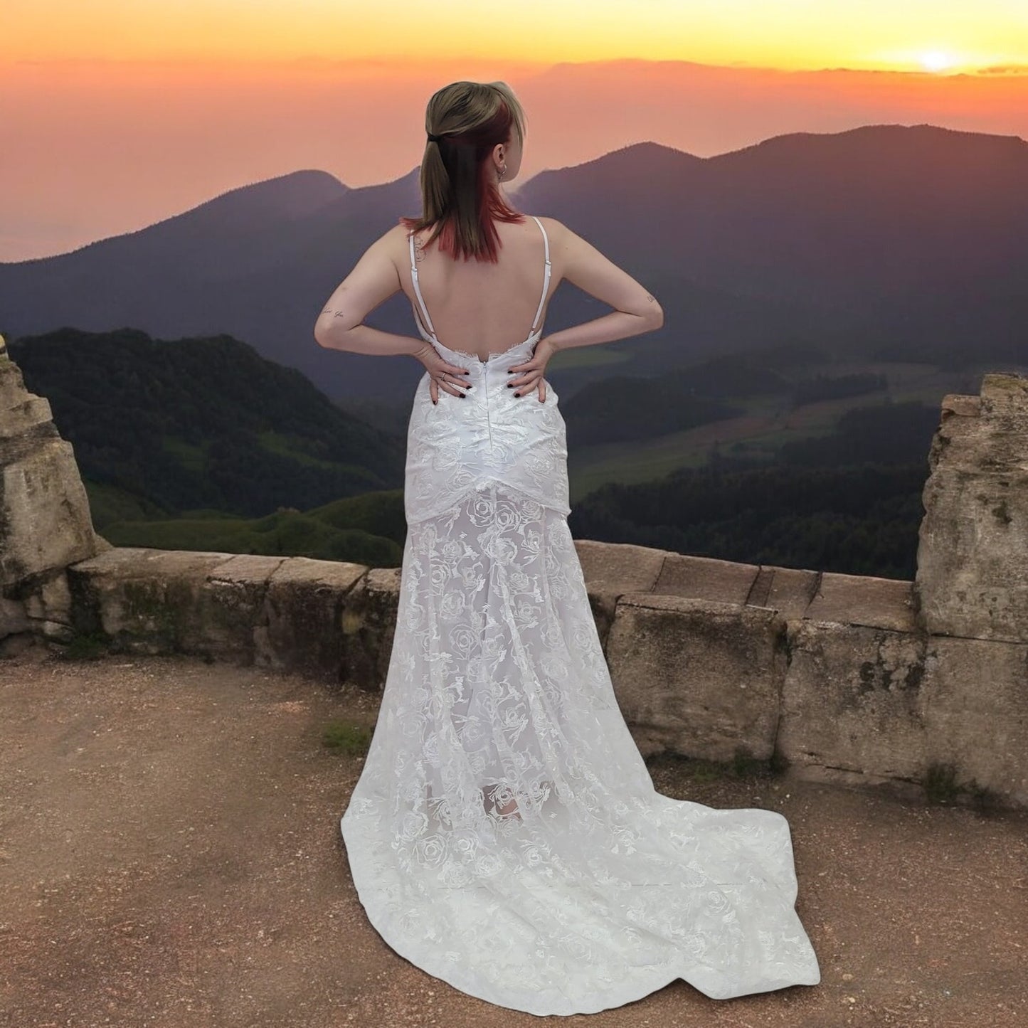 Beautiful Destination Wedding Dress with Rose Design and Low Back