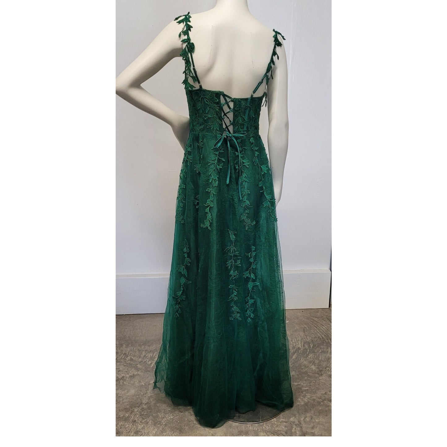 Vine Dress with Semi-Sheer Bodice Corset Back Tulle Skirt Evergreen
