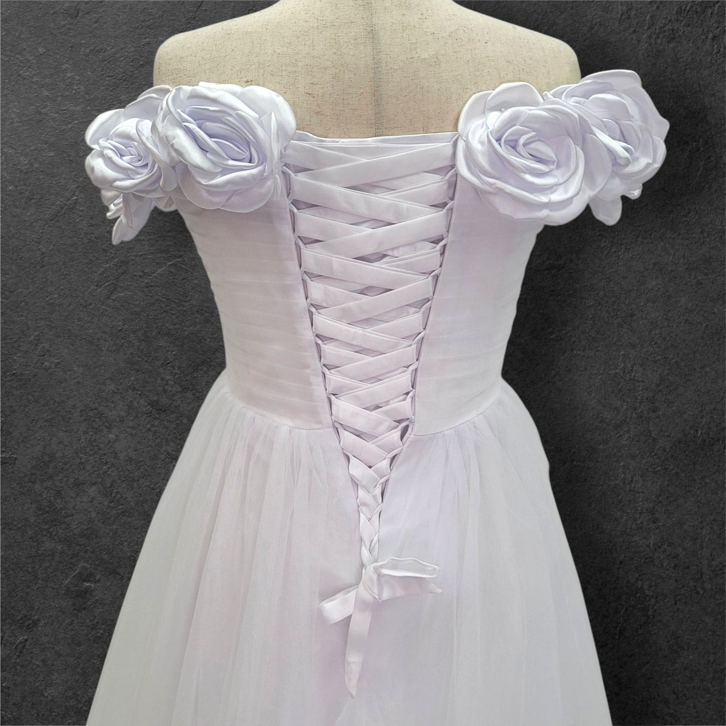 Rose Adorned Wedding Dress with Off Shoulder Sleeves and Corset Back